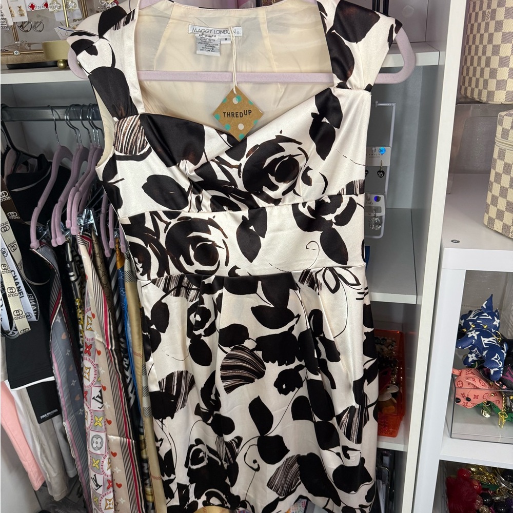 Maggy London Black and Cream Floral Midi Dress